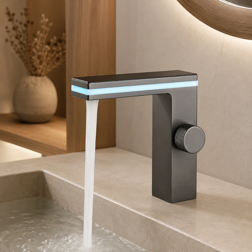 Robinet lavabo salle de bain affichage numérique - Argenté - Laiton