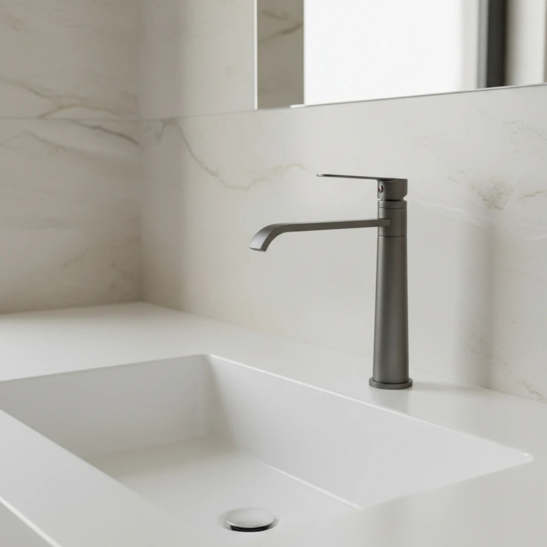 Robinet lavabo salle de bain bec long - Noir - Laiton