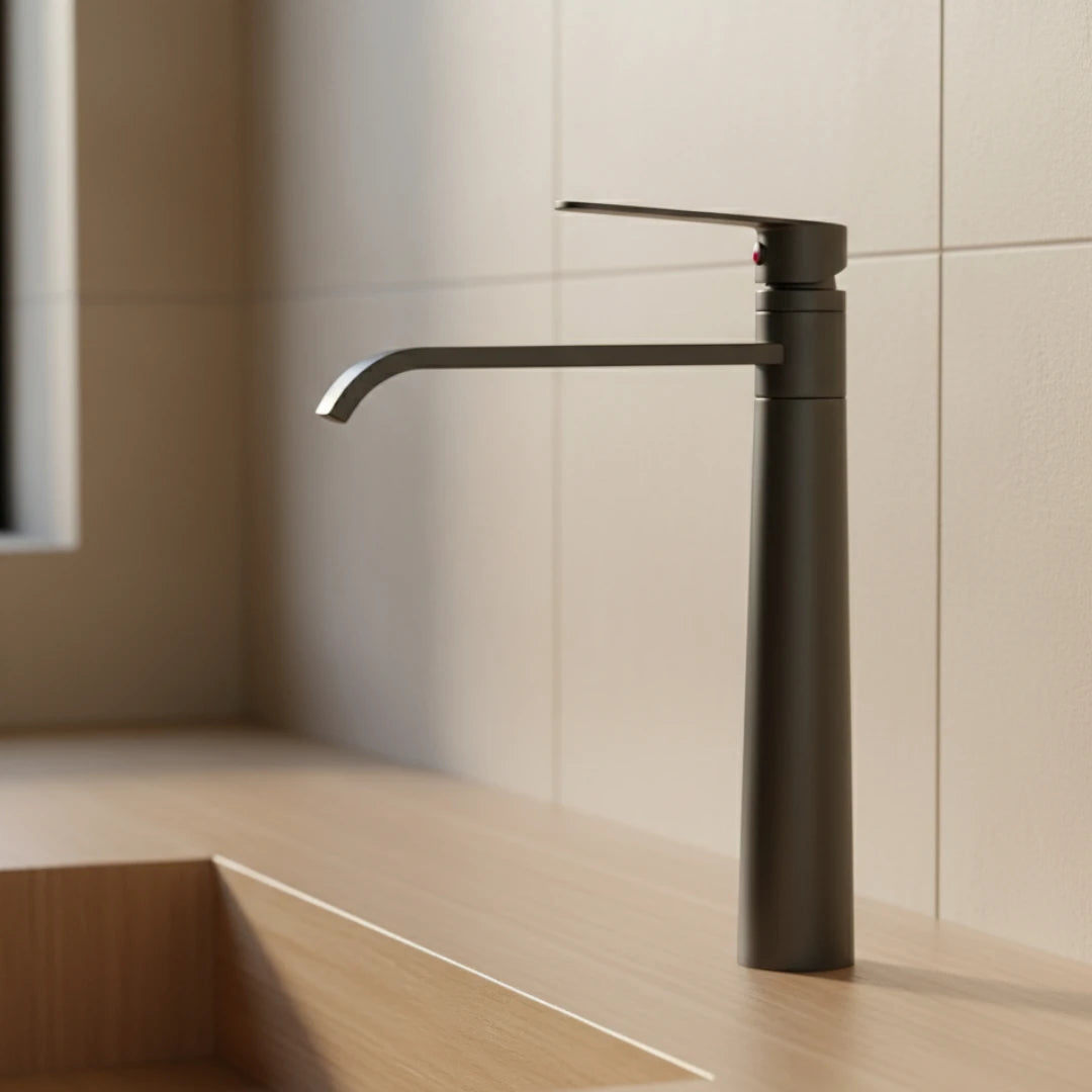 Robinet lavabo salle de bain bec long - Noir - Laiton
