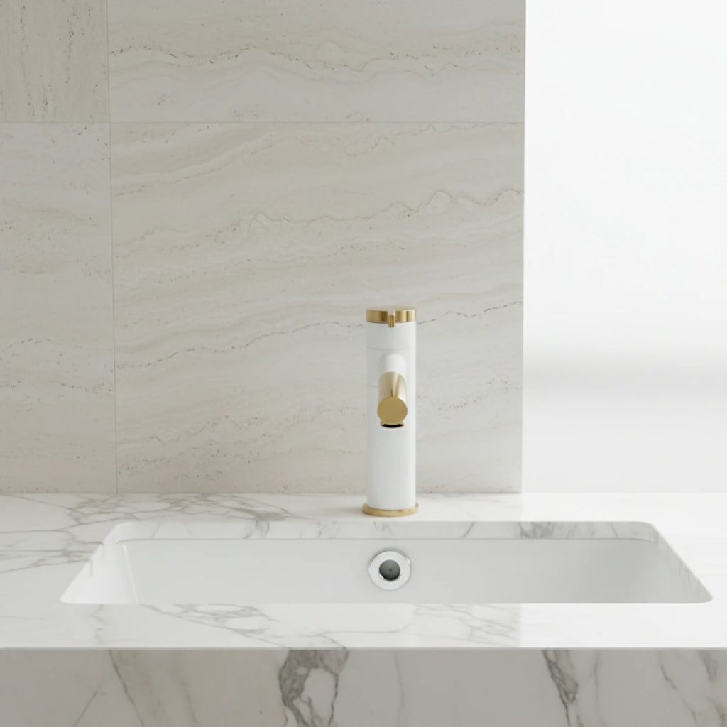 Robinet lavabo salle de bain bicolore rotatif rallonge - Blanc Doré - Laiton