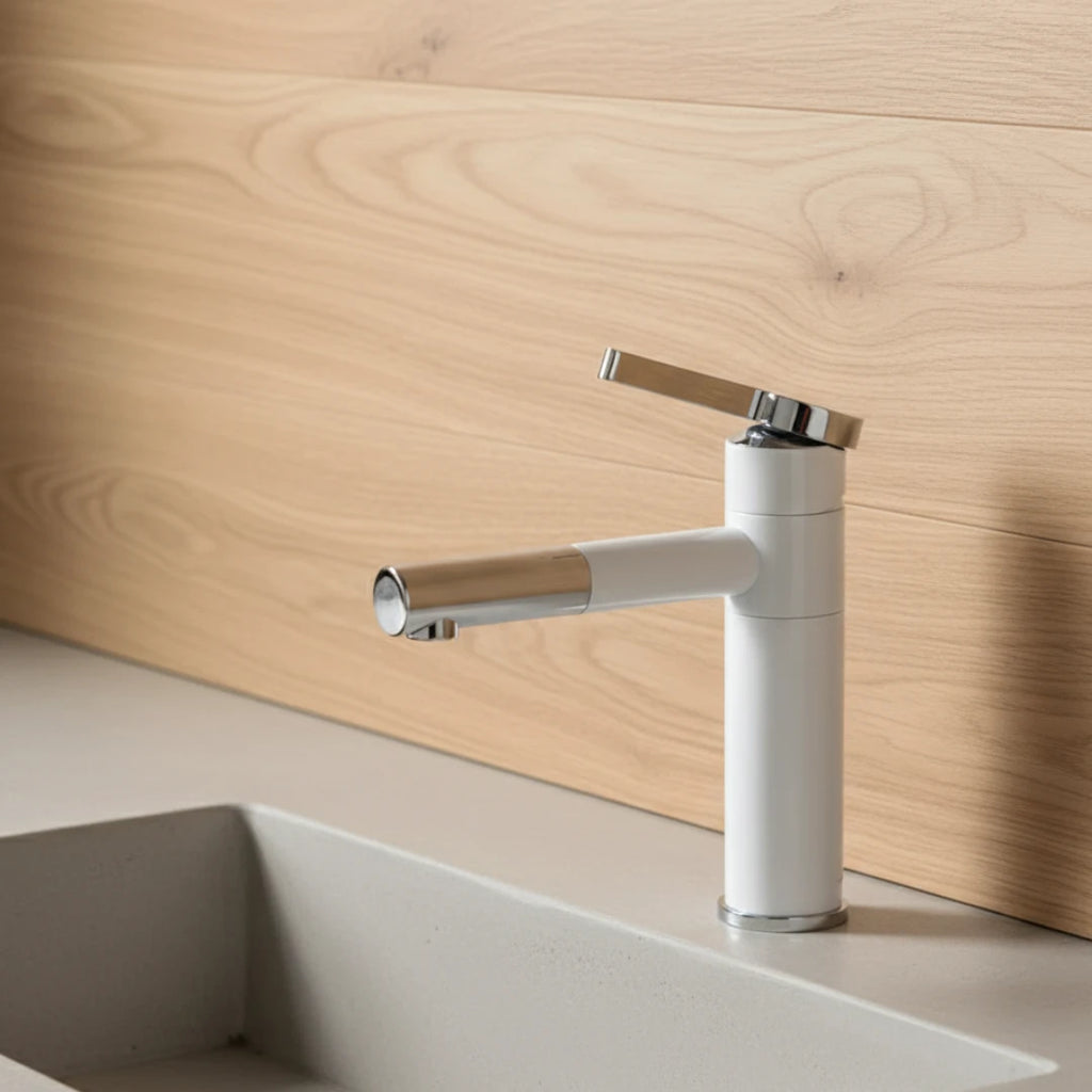Robinet lavabo salle de bain bicolore rotatif rallonge - Blanc Argenté - Laiton