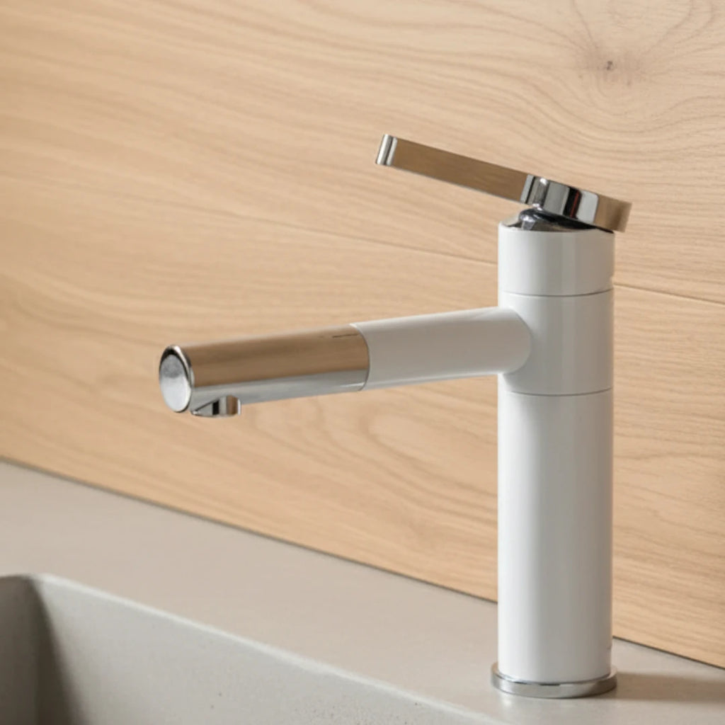 Robinet lavabo salle de bain bicolore rotatif rallonge - Blanc Argenté - Laiton