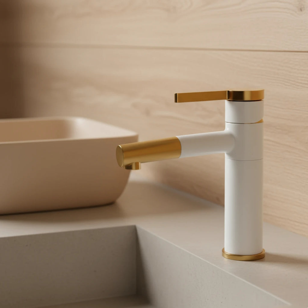 Robinet lavabo salle de bain bicolore rotatif rallonge - Blanc Doré - Laiton
