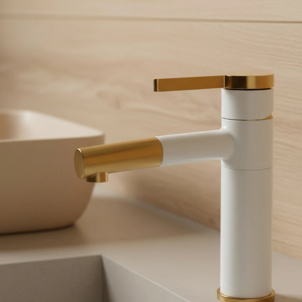 Robinet lavabo salle de bain bicolore rotatif rallonge - Blanc Doré - Laiton