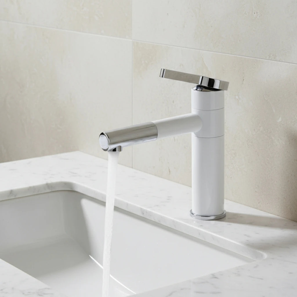 Robinet lavabo salle de bain bicolore rotatif rallonge - Blanc Argenté - Laiton