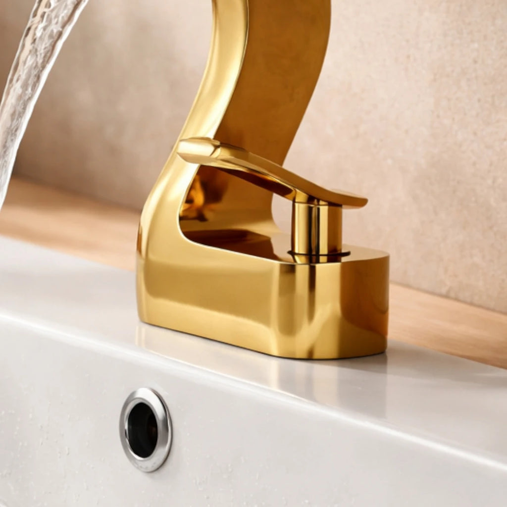 Robinet lavabo salle de bain cygne design - Doré