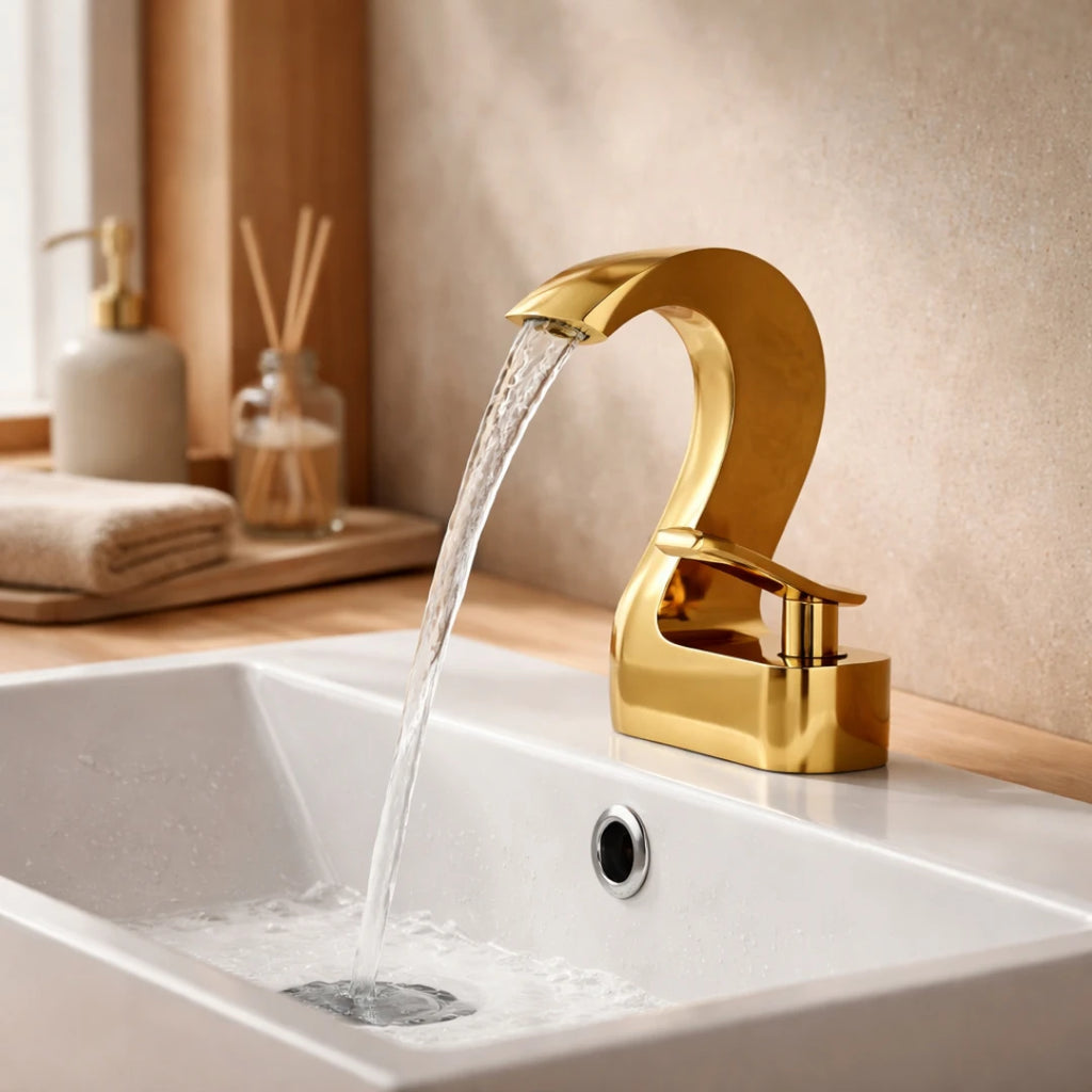 Robinet lavabo salle de bain cygne design - Doré