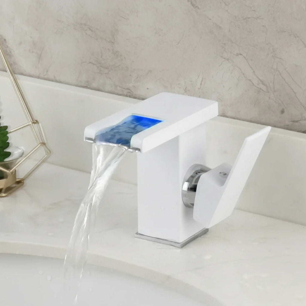 Robinet lavabo salle de bain design cascade led température - Blanc