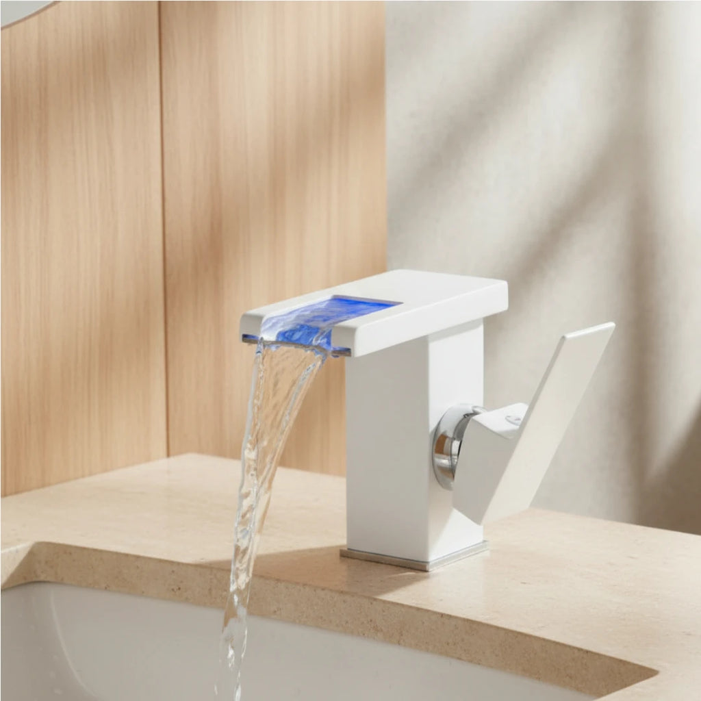 Robinet lavabo salle de bain design cascade led température - Blanc
