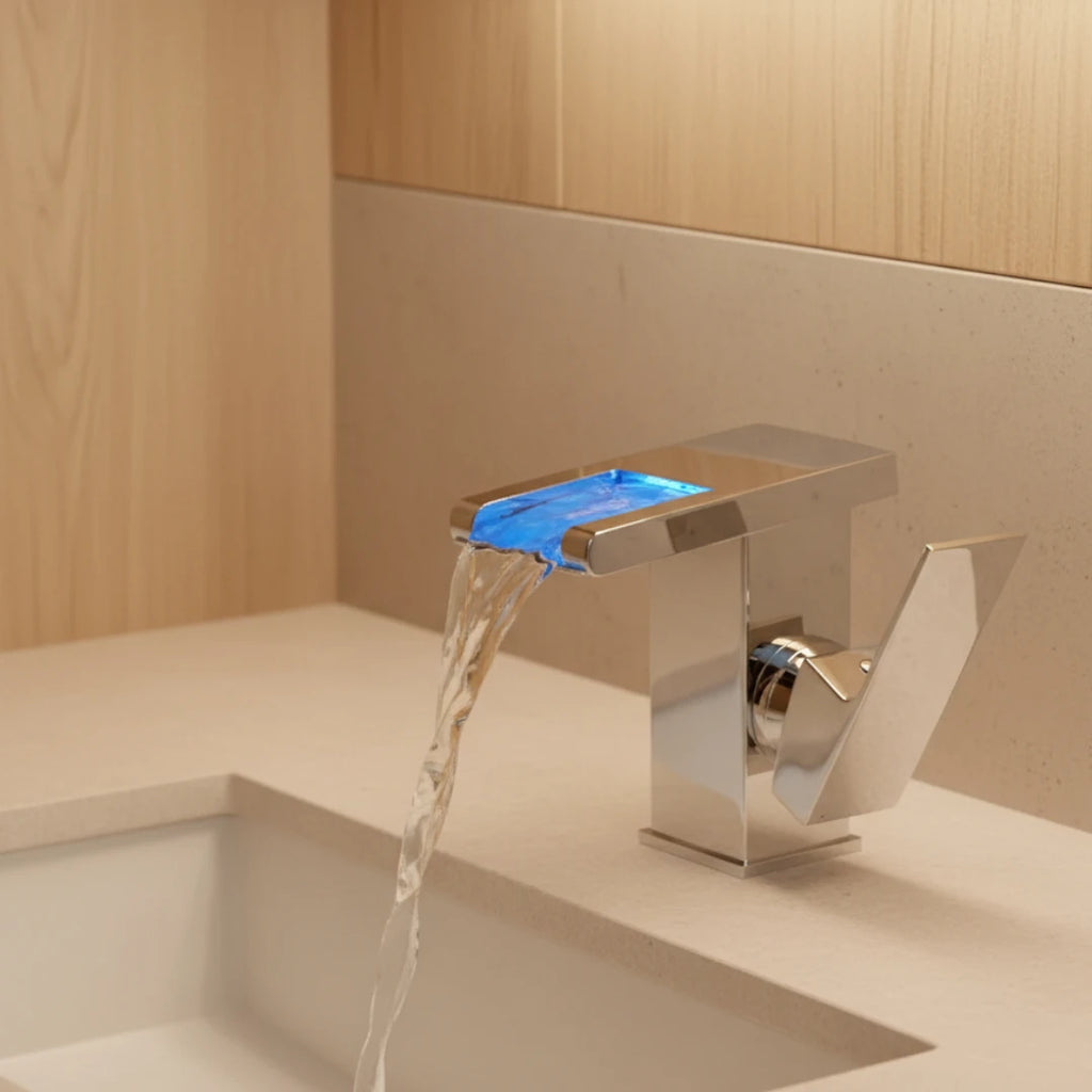 Robinet lavabo salle de bain design cascade led température - Argenté