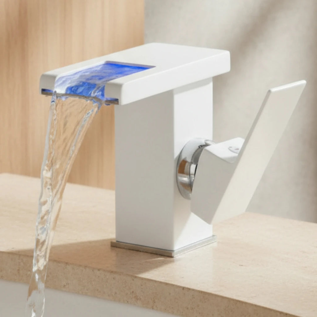 Robinet lavabo salle de bain design cascade led température - Blanc