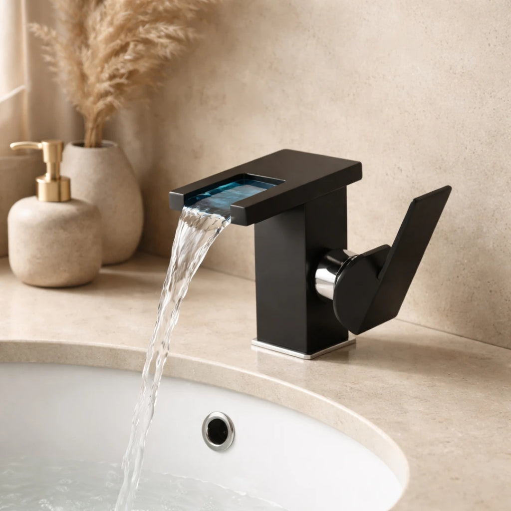 Robinet lavabo salle de bain design cascade led température - Noir