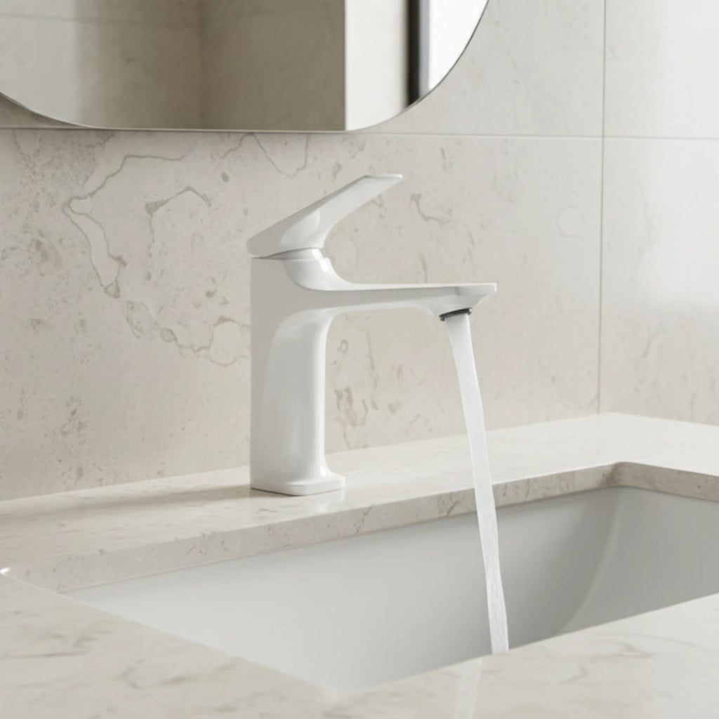 Robinet lavabo salle de bain design épuré - Blanc - Laiton