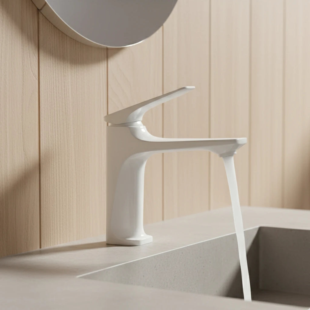 Robinet lavabo salle de bain design épuré - Blanc - Laiton