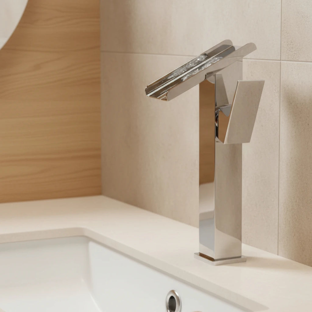 Robinet lavabo salle de bain design rectangulaire cascade - Argenté - Laiton