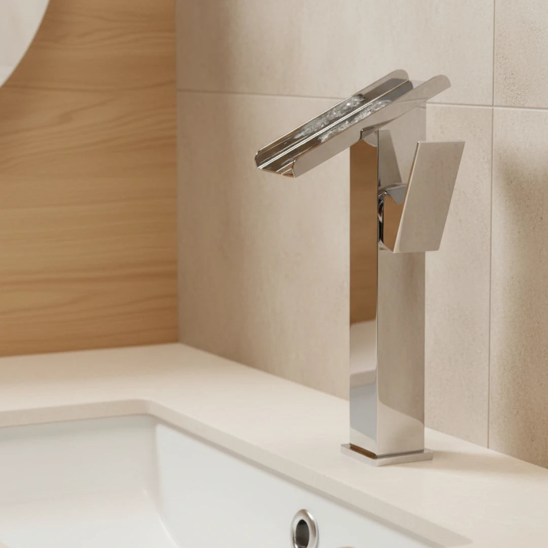 Robinet lavabo salle de bain design rectangulaire cascade - Argenté - Laiton