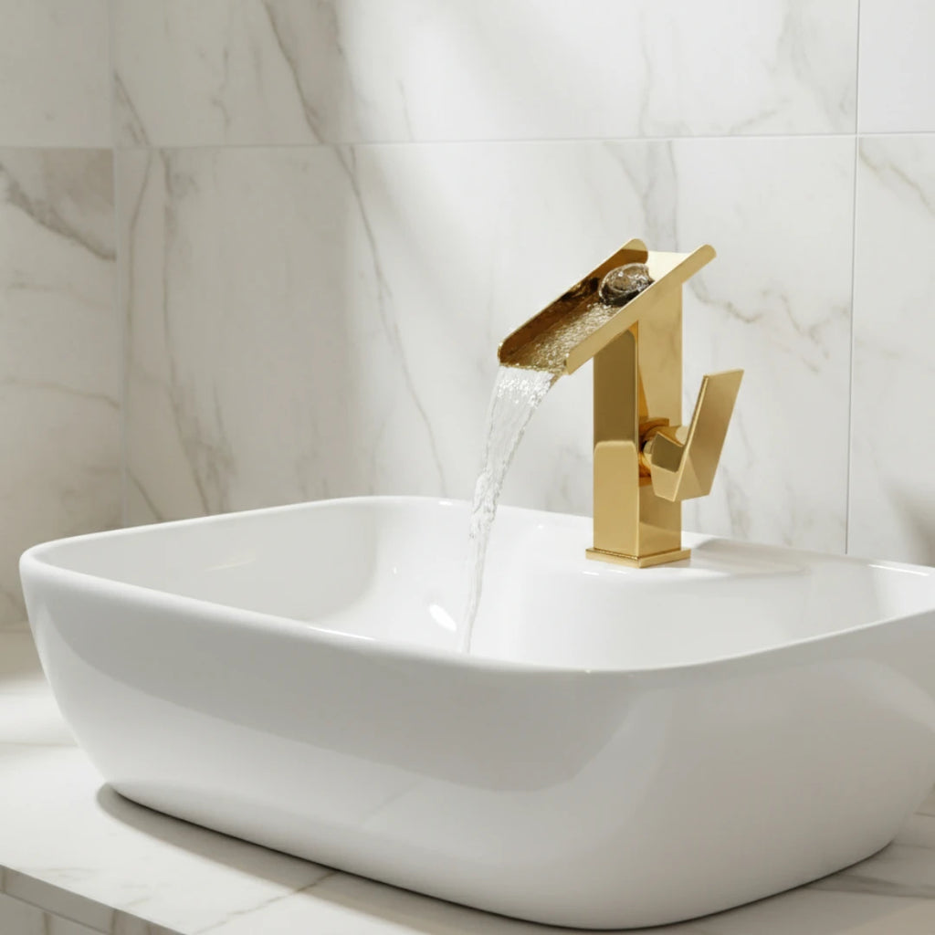 Robinet lavabo salle de bain design rectangulaire cascade - Doré - Laiton