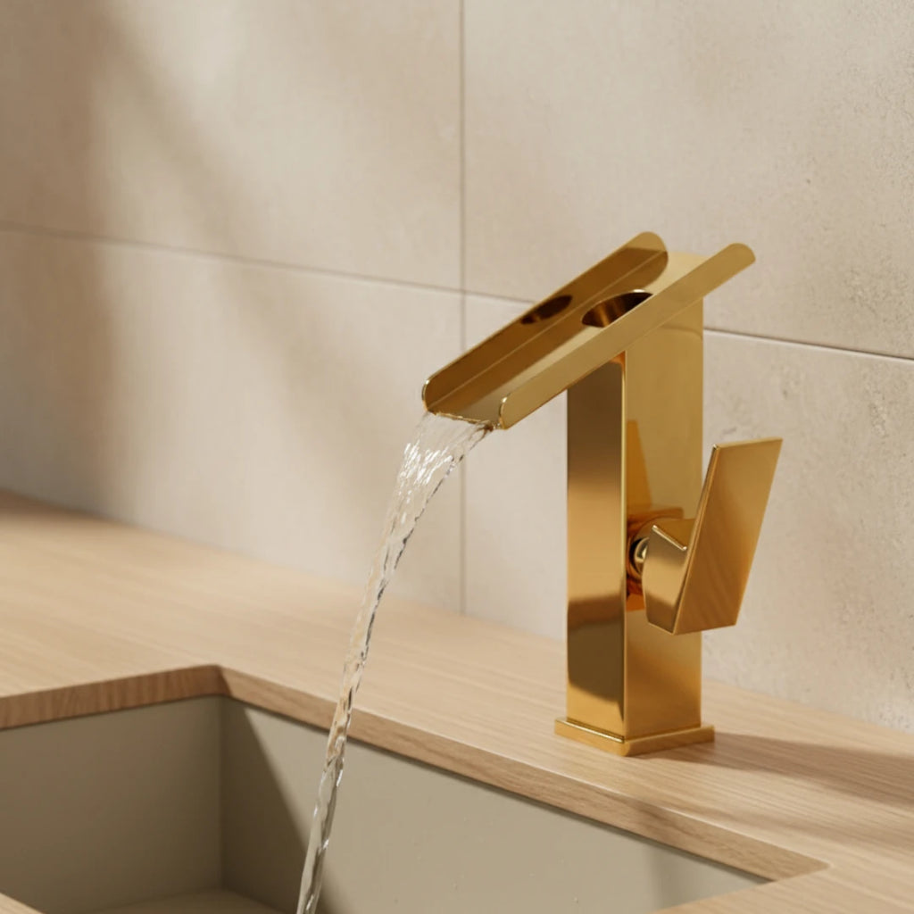 Robinet lavabo salle de bain design rectangulaire cascade - Doré - Laiton