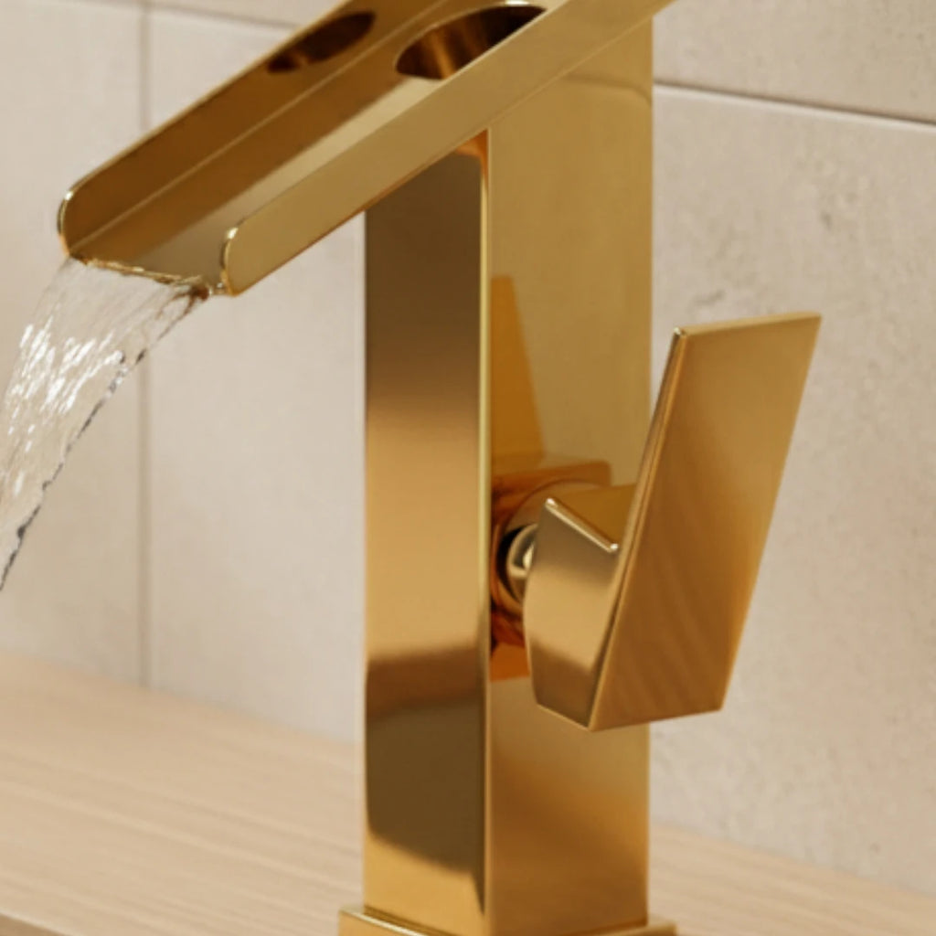 Robinet lavabo salle de bain design rectangulaire cascade - Doré - Laiton