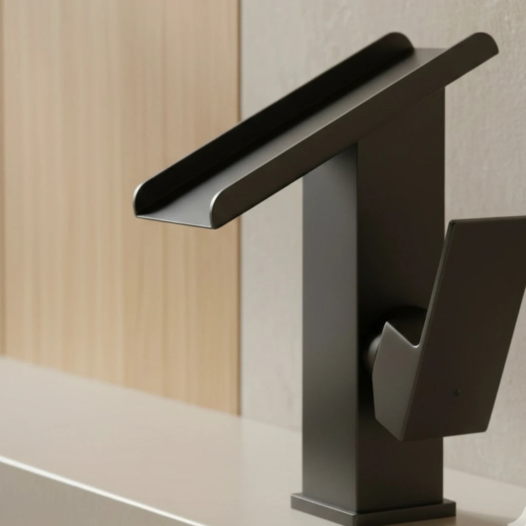 Robinet lavabo salle de bain design rectangulaire cascade - Noir - Laiton
