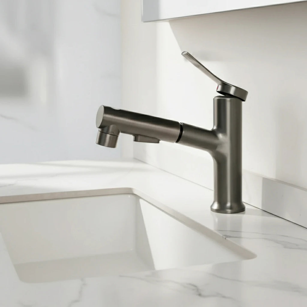 Robinet lavabo salle de bain deux jets - Argenté - Laiton