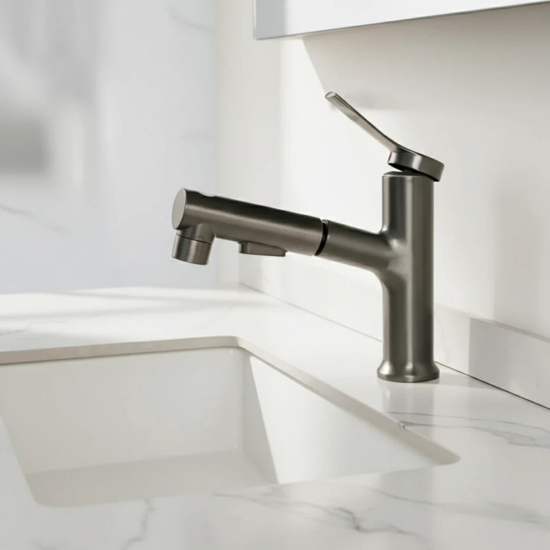 Robinet lavabo salle de bain deux jets - Argenté - Laiton