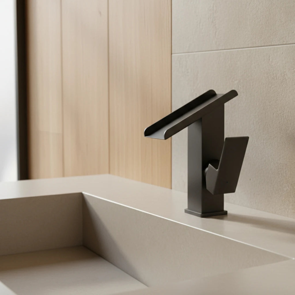Robinet lavabo salle de bain design rectangulaire cascade - Noir - Laiton