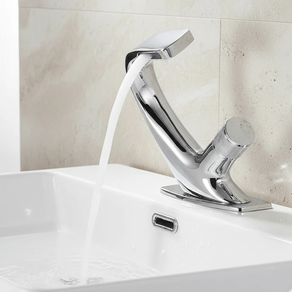 Robinet lavabo salle de bain incurvé mitigeur molette - Argenté - Laiton