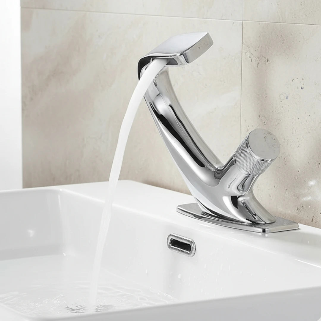 Robinet lavabo salle de bain incurvé mitigeur molette - Argenté - Laiton