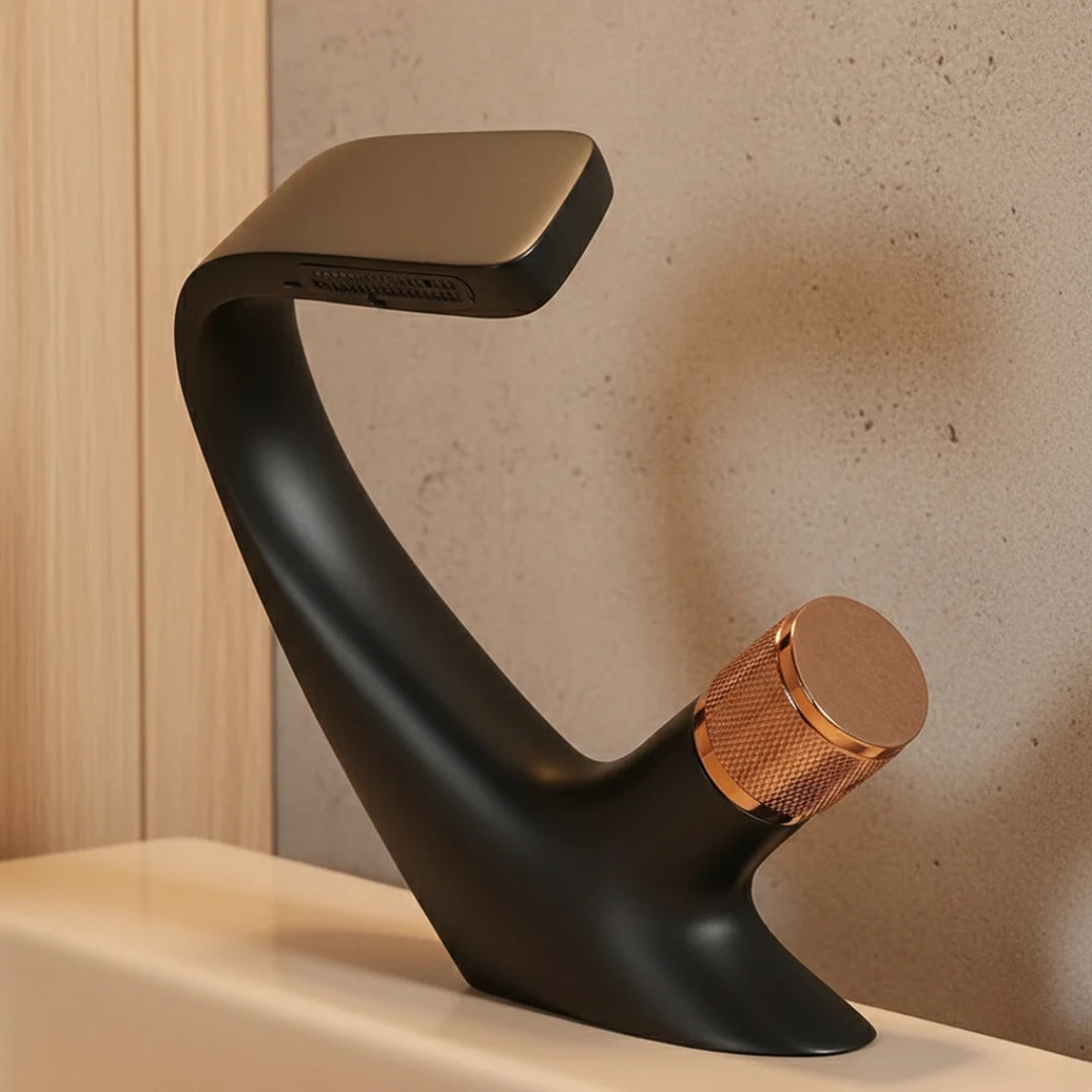 Robinet lavabo salle de bain incurvé mitigeur molette - Noir - Laiton