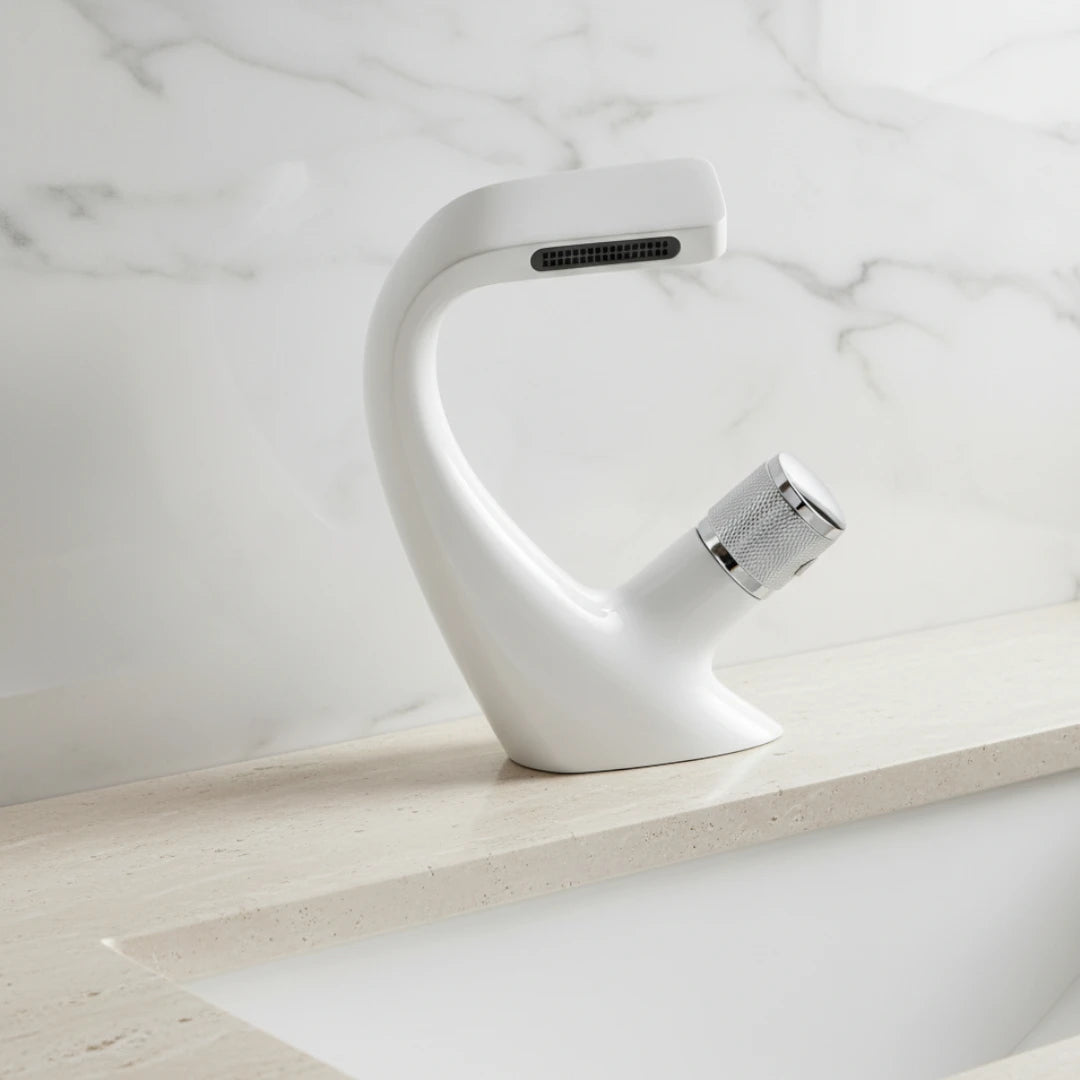 Robinet lavabo salle de bain incurvé mitigeur molette - Blanc - Laiton
