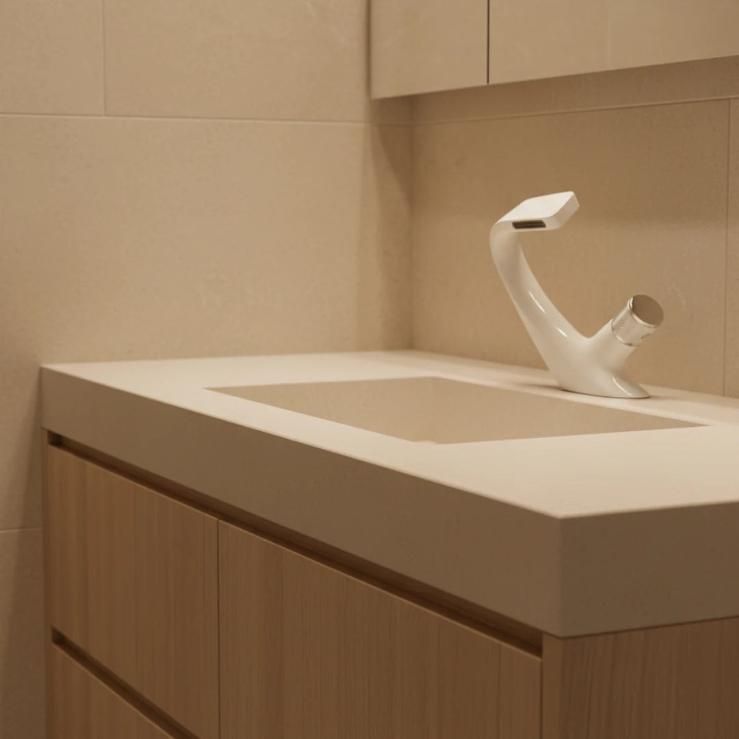Robinet lavabo salle de bain incurvé mitigeur molette - Blanc - Laiton