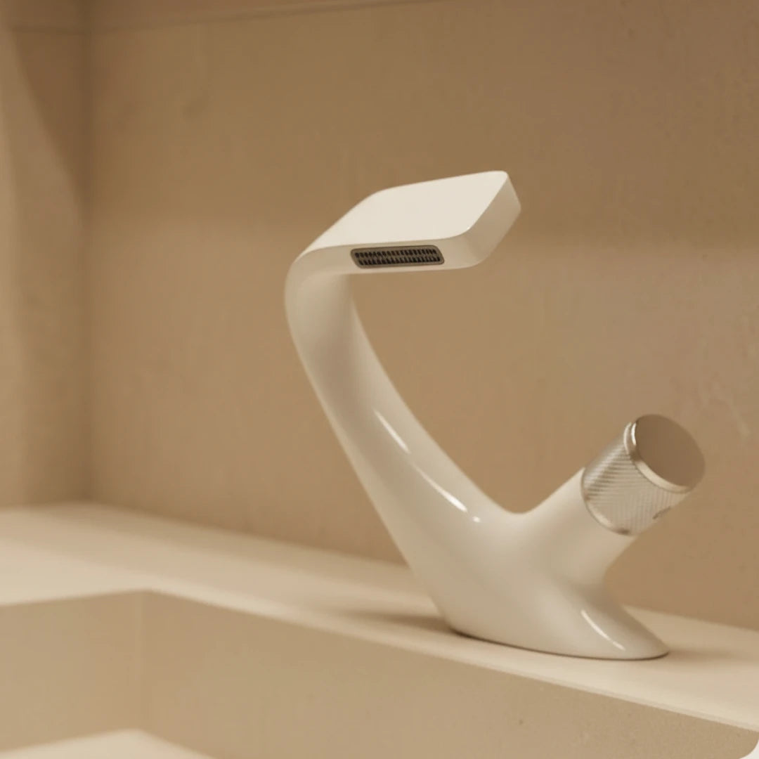 Robinet lavabo salle de bain incurvé mitigeur molette - Blanc - Laiton
