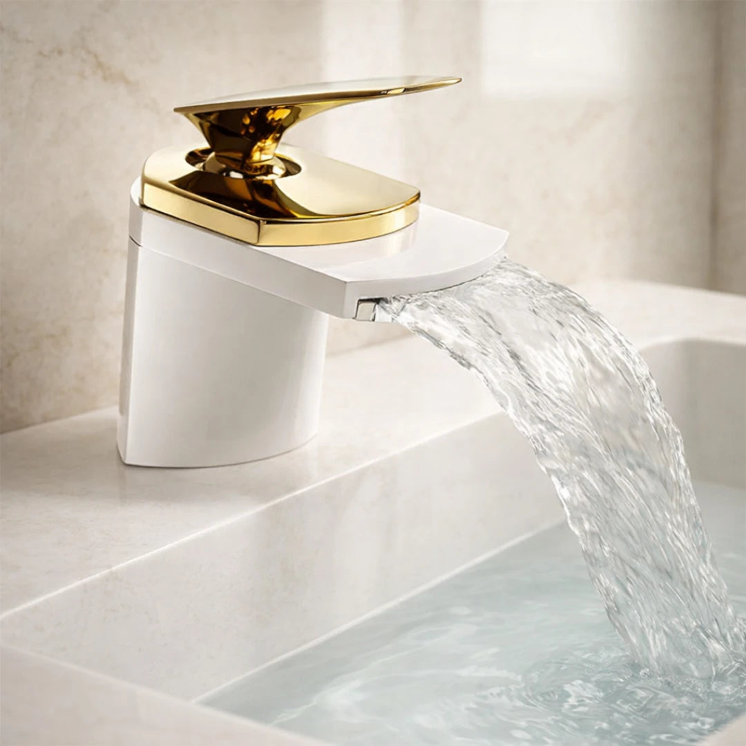 Robinet lavabo salle de bain large design cascade - Blanc / Doré
