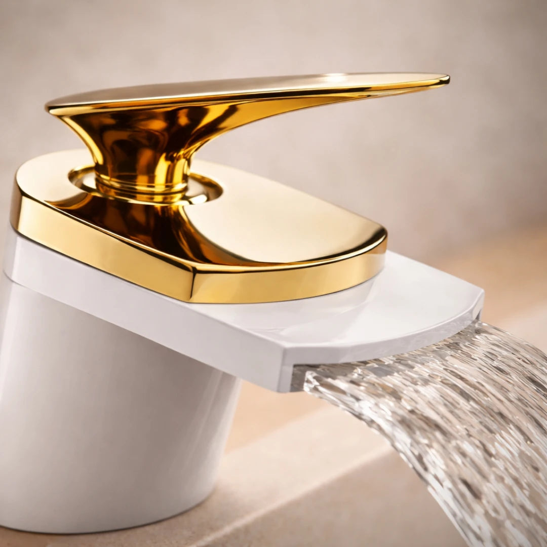 Robinet lavabo salle de bain large design cascade - Blanc / Doré