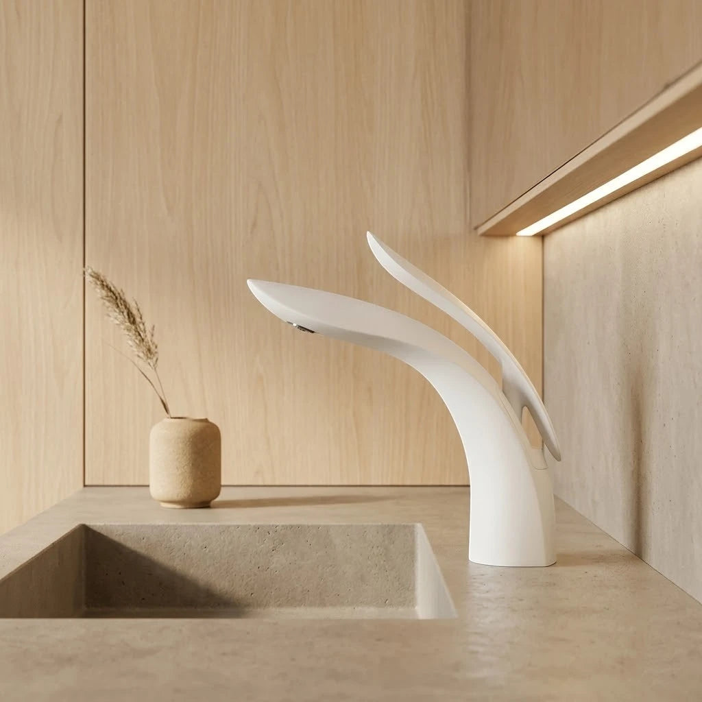 Robinet lavabo salle de bain mitigeur design arrondi - Blanc - Laiton
