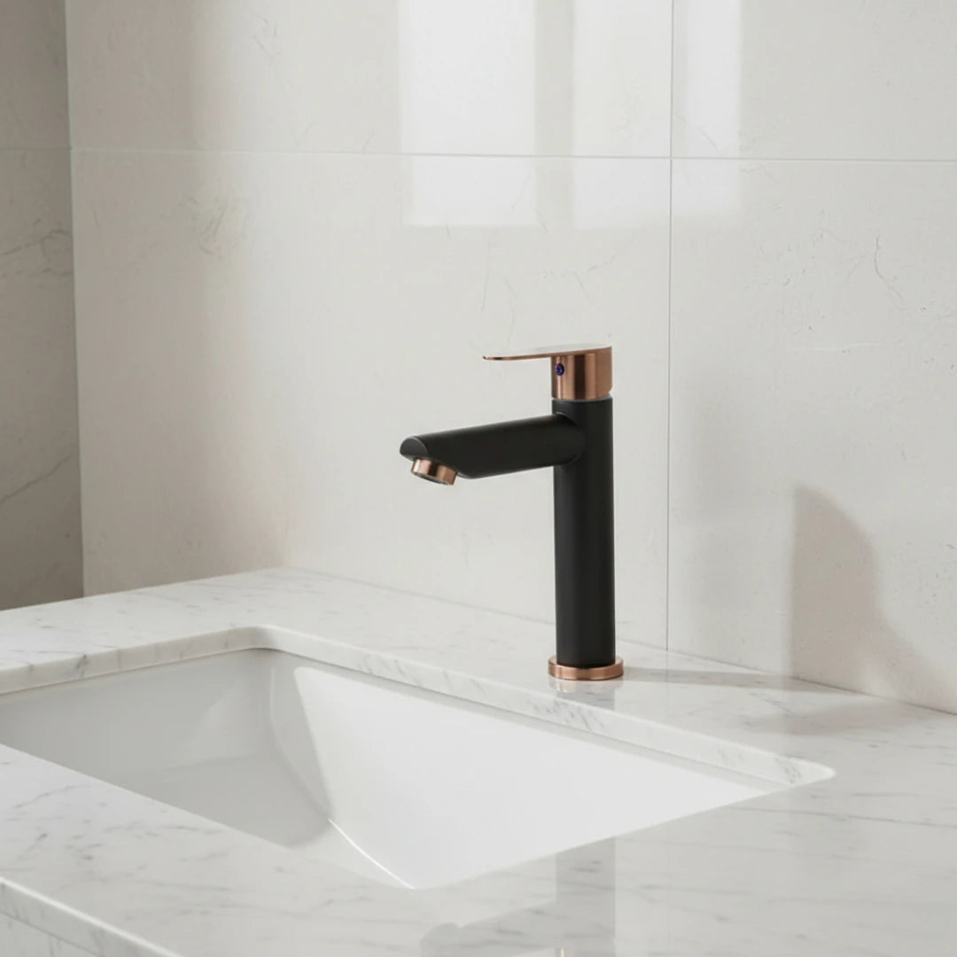 Robinet lavabo salle de bain mitigeur bicolore - Noir Doré rose