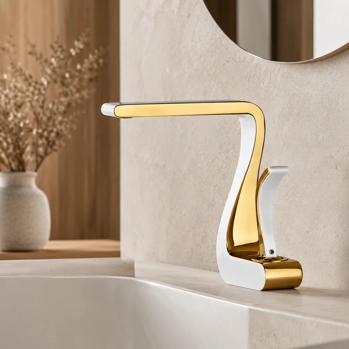 Robinet lavabo salle de bain mitigeur design incurvé - Blanc - Laiton