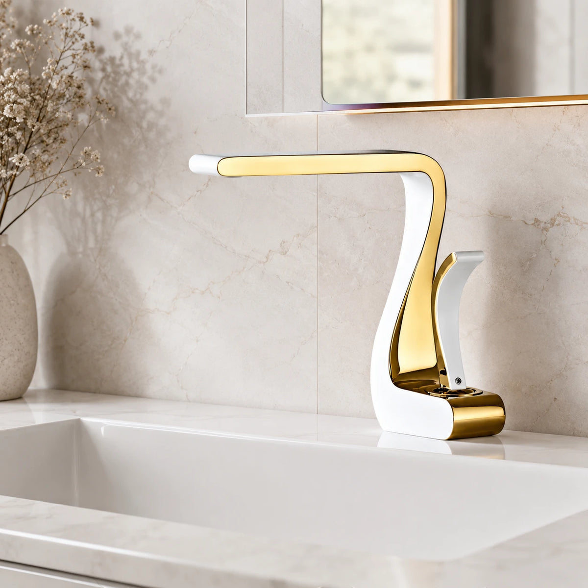 Robinet lavabo salle de bain mitigeur design incurvé - Blanc - Laiton
