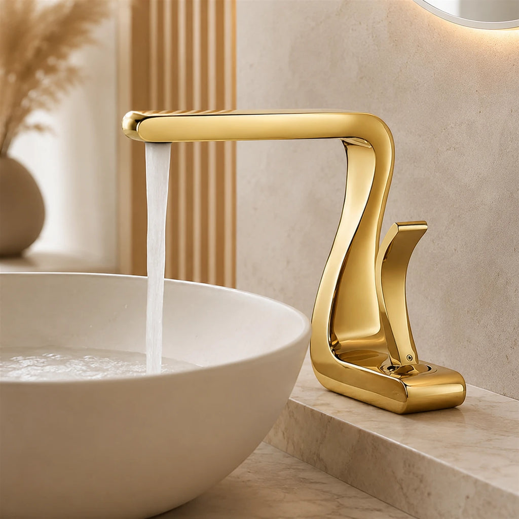 Robinet lavabo salle de bain mitigeur design incurvé - Doré - Laiton