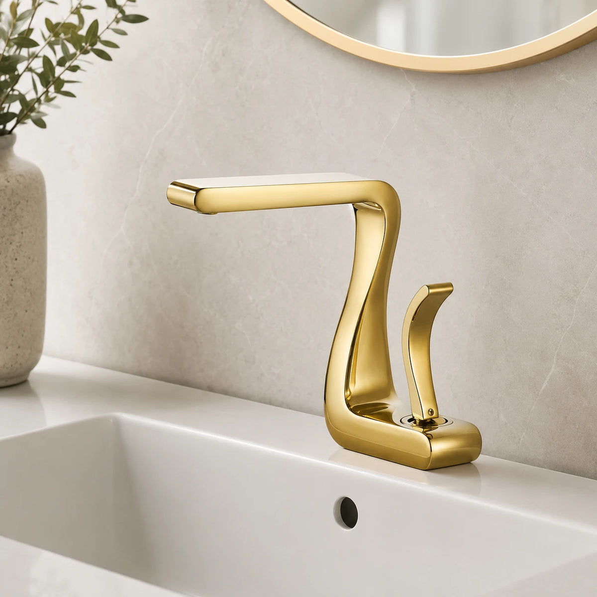 Robinet lavabo salle de bain mitigeur design incurvé - Doré - Laiton