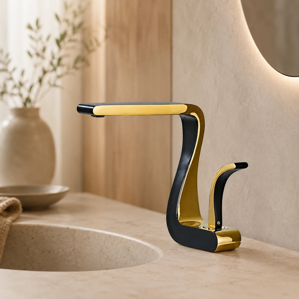 Robinet lavabo salle de bain mitigeur design incurvé - Noir - Laiton