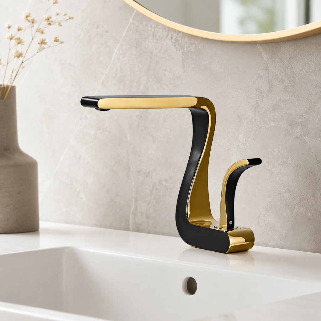 Robinet lavabo salle de bain mitigeur design incurvé - Noir - Laiton