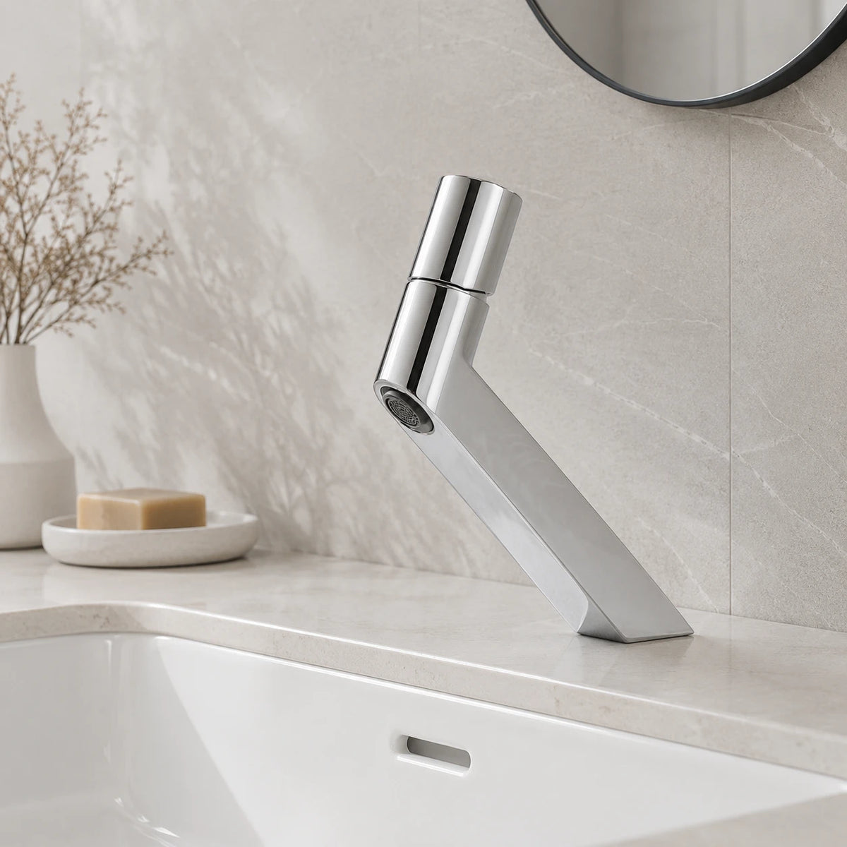 Robinet lavabo salle de bain mitigeur poignée ronde - Argenté - Laiton