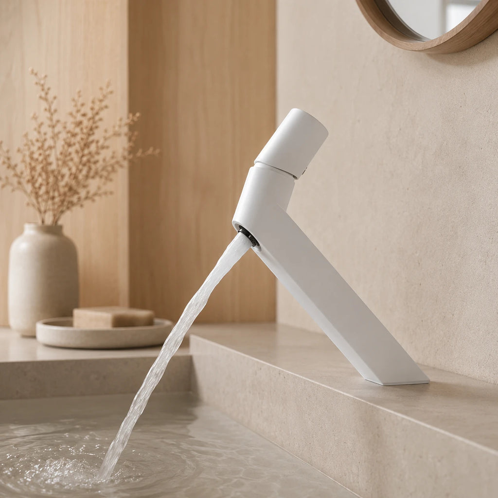 Robinet lavabo salle de bain mitigeur poignée ronde - Blanc - Laiton
