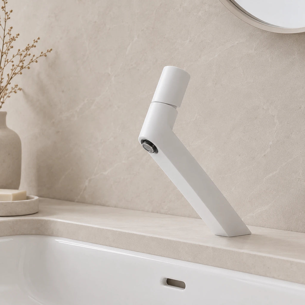 Robinet lavabo salle de bain mitigeur poignée ronde - Blanc - Laiton