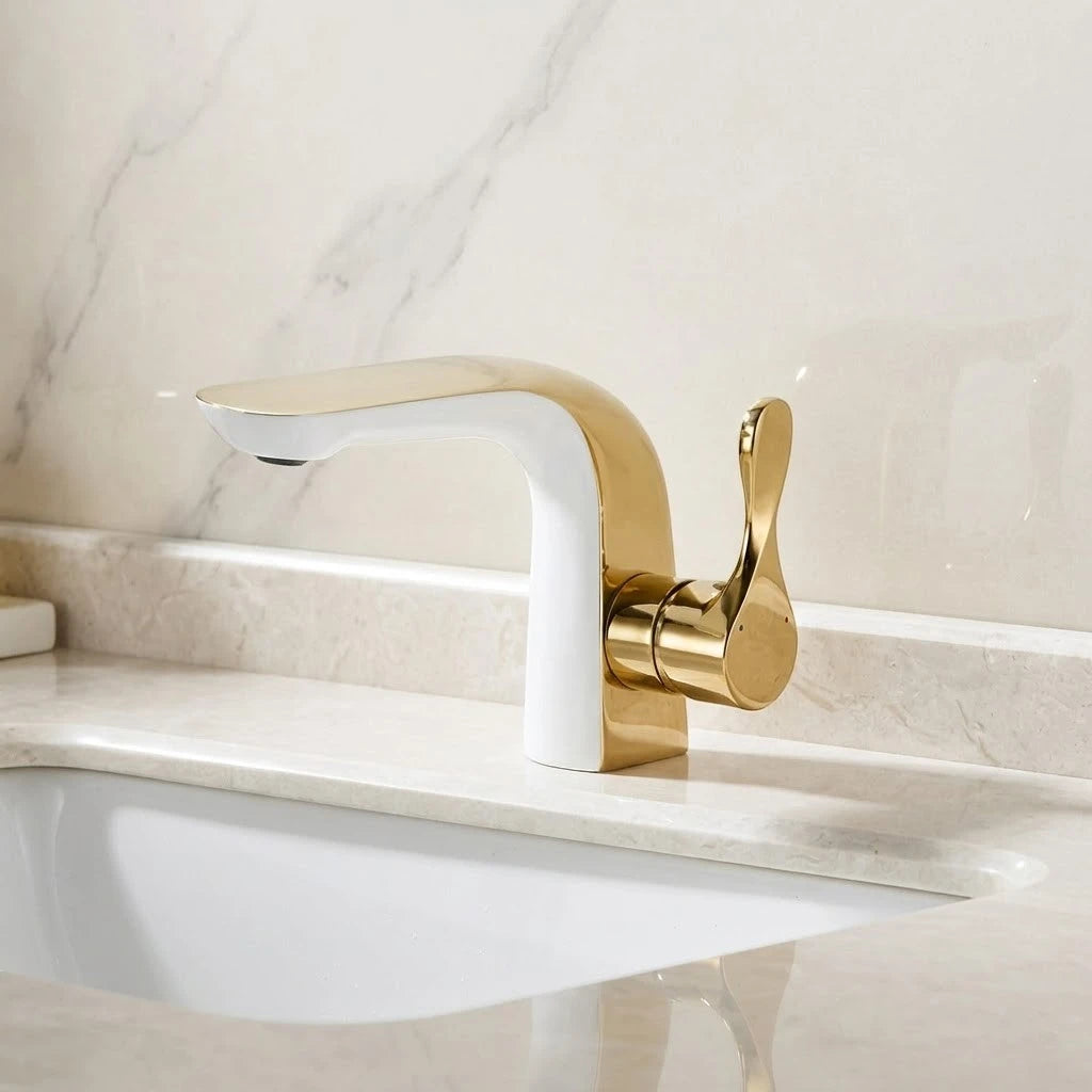 Robinet lavabo salle de bain moderne bicolore - Blanc Doré - Laiton