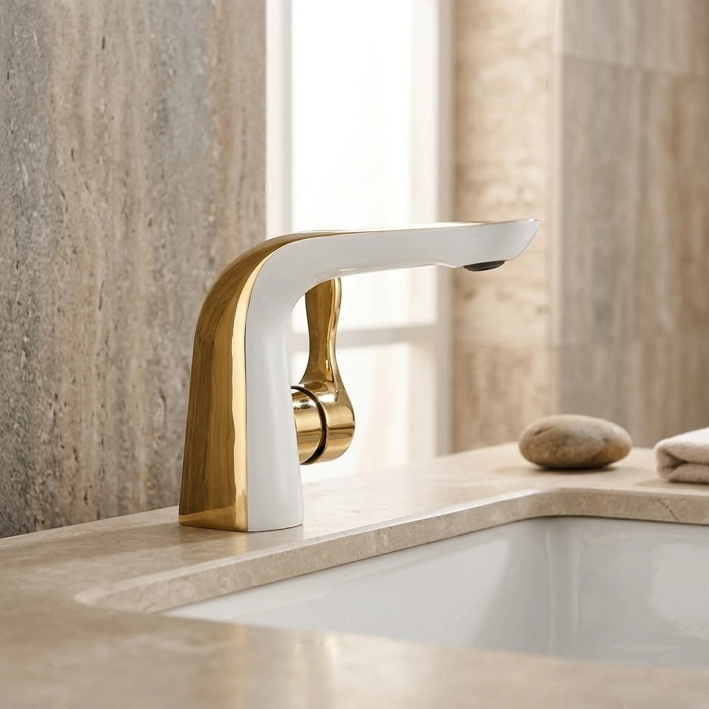 Robinet lavabo salle de bain moderne bicolore - Blanc Doré - Laiton