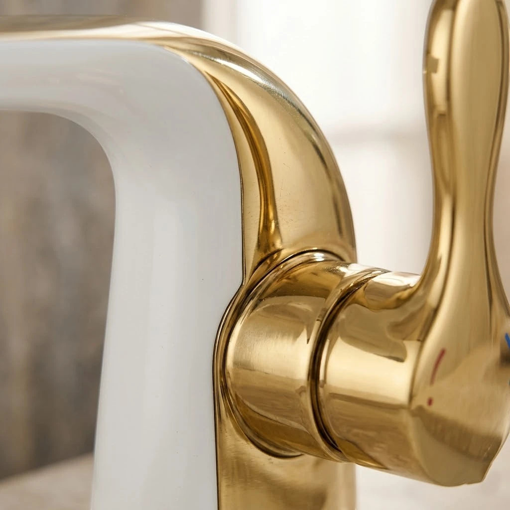 Robinet lavabo salle de bain moderne bicolore - Blanc Doré - Laiton