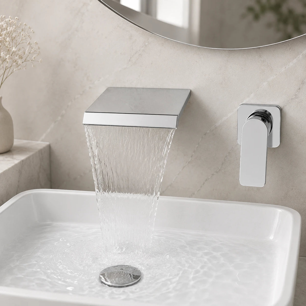 Robinet lavabo salle de bain mural encastrable cascade - Argenté - Laiton